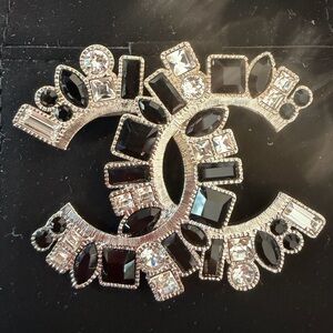 CHANEL Black and Silver Crystal Brooch